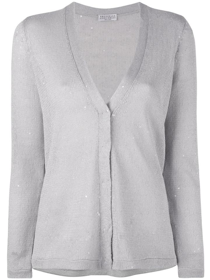 Brunello Cucinelli - V-neck Cardigan - Women - Silk/linen/flax/polyamide - Xxl, Grey, Silk/linen/flax/polyamide