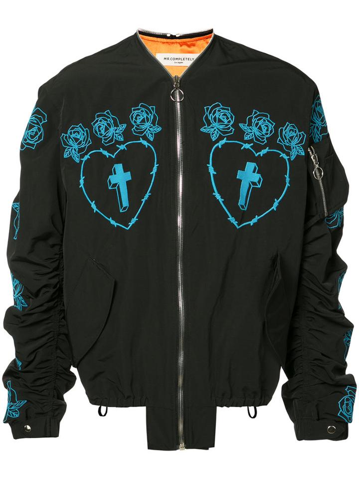 Mr. Completely - Rose Embroidered Bomber Jacket - Men - Silk/cotton/nylon - M, Black, Silk/cotton/nylon