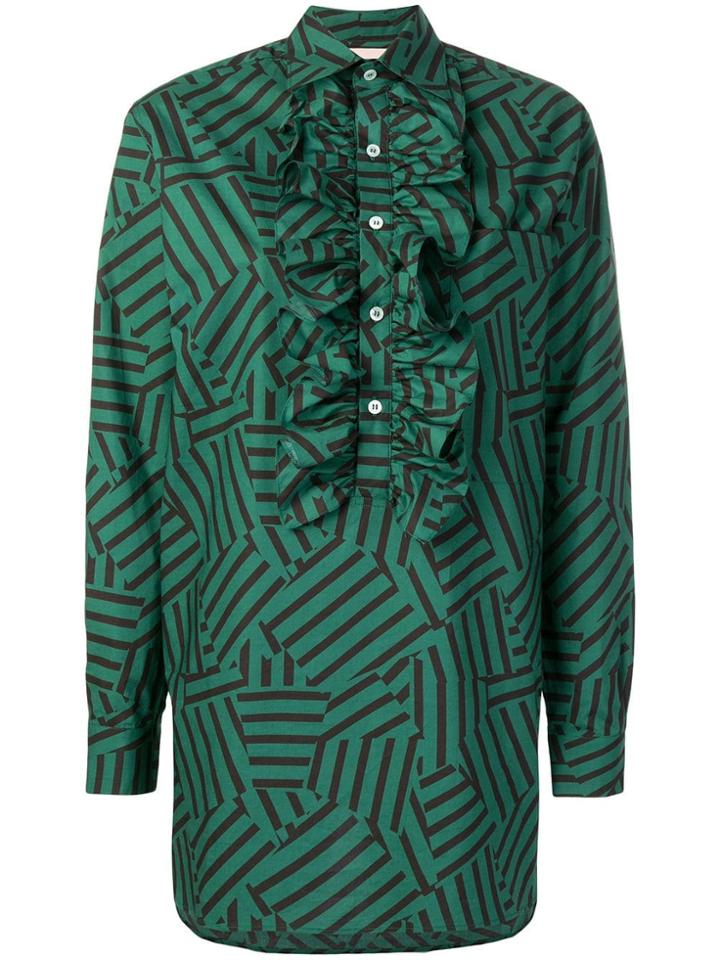 Plan C Ruffled Front Striped Shirt - Green