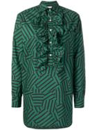Plan C Ruffled Front Striped Shirt - Green