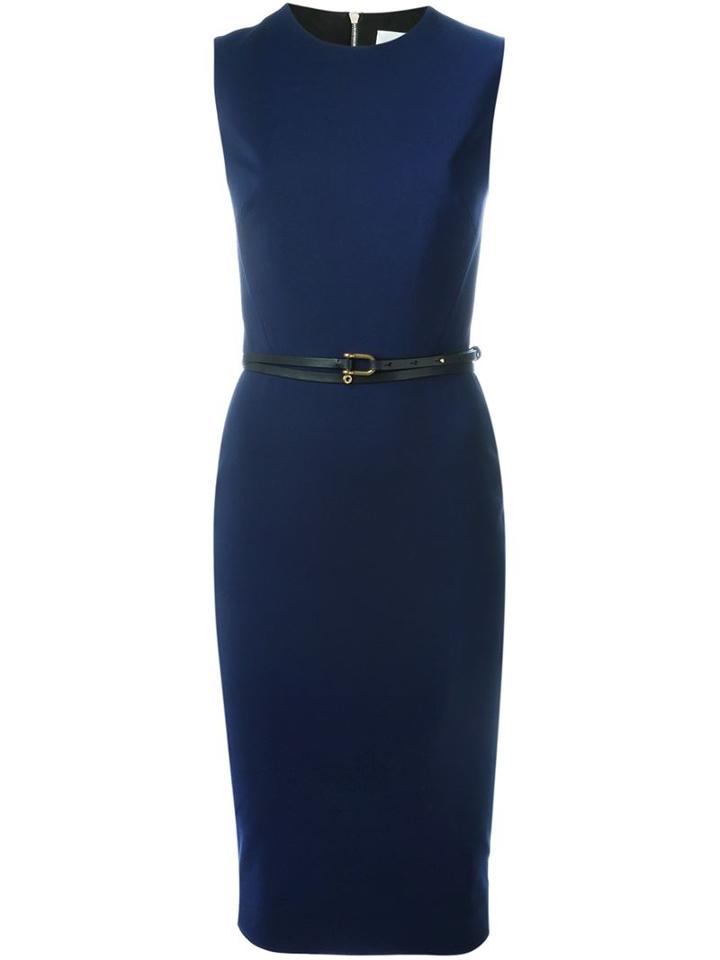 Victoria Beckham Belted Fitted Dress, Women's, Size: 14, Blue, Cotton/polyester/spandex/elastane/silk