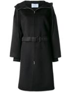Prada Hooded Belted Coat - Black