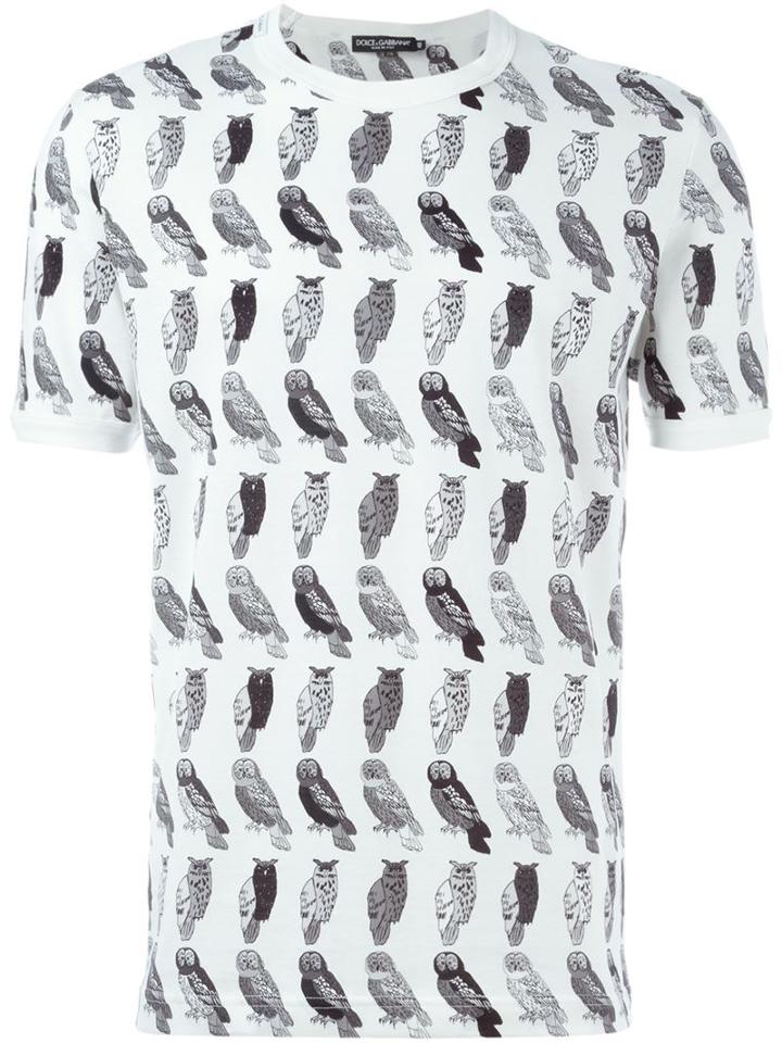 Dolce & Gabbana Owl Print T-shirt, Men's, Size: 46, White, Cotton