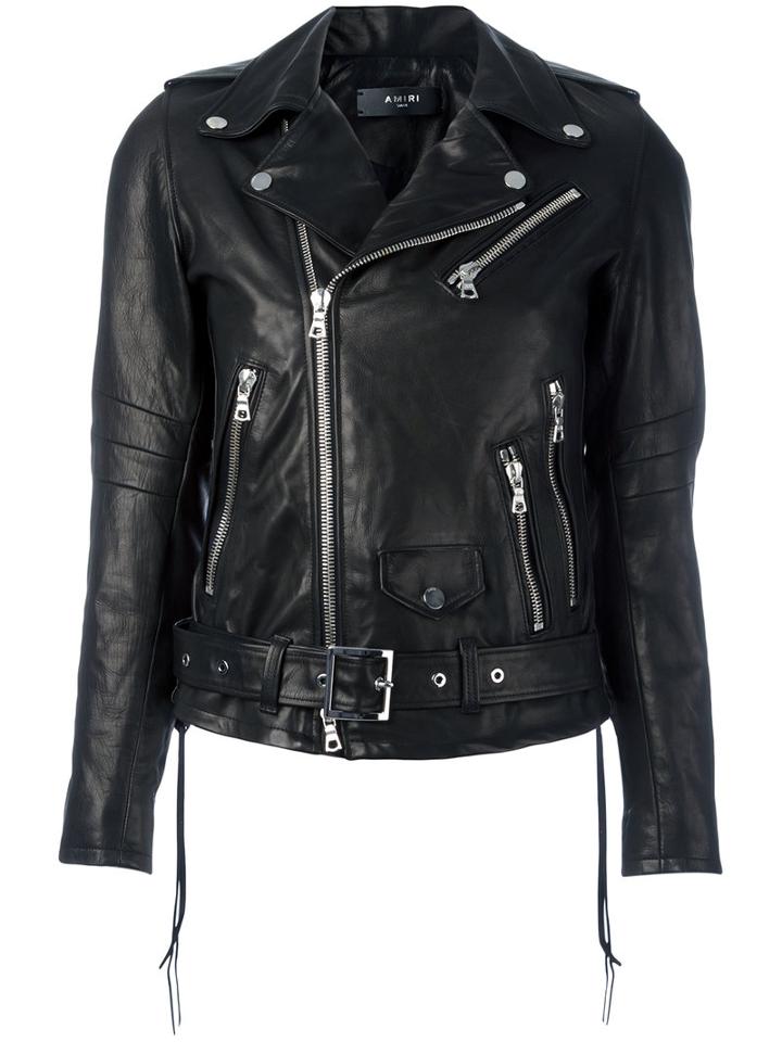 Amiri Cropped Biker Jacket, Women's, Size: Small, Black, Calf Leather/silk/spandex/elastane