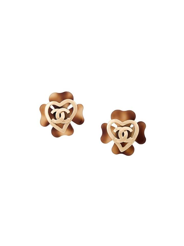 Chanel Vintage Clover Motif Logo Earrings, Women's, Brown