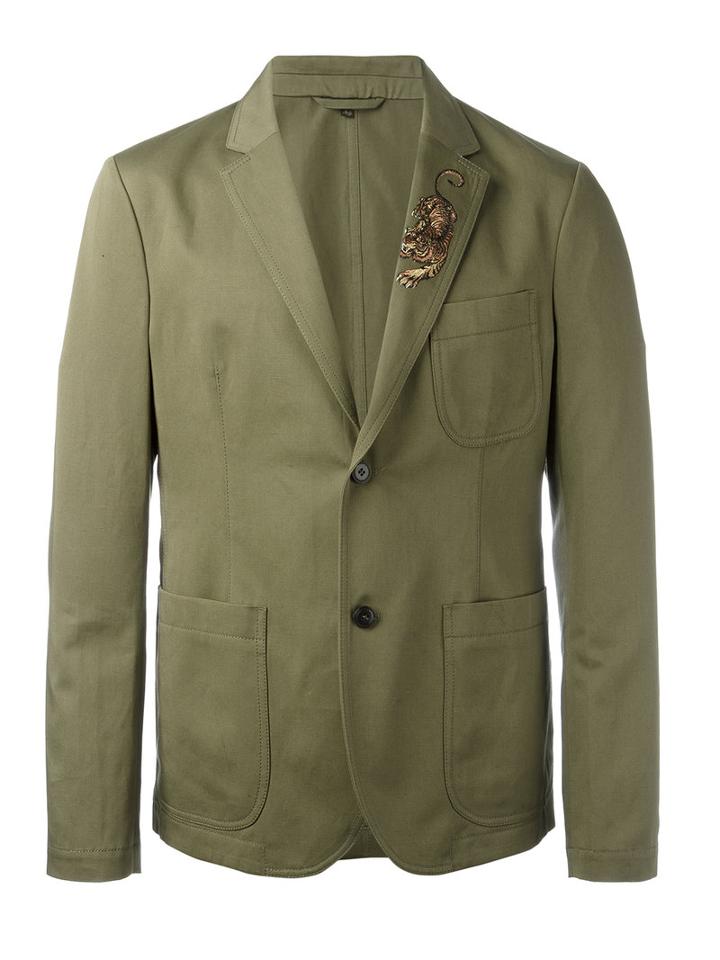 Roberto Cavalli Embroidered Military Blazer, Men's, Size: 48, Green, Cotton/linen/flax/viscose/polyester
