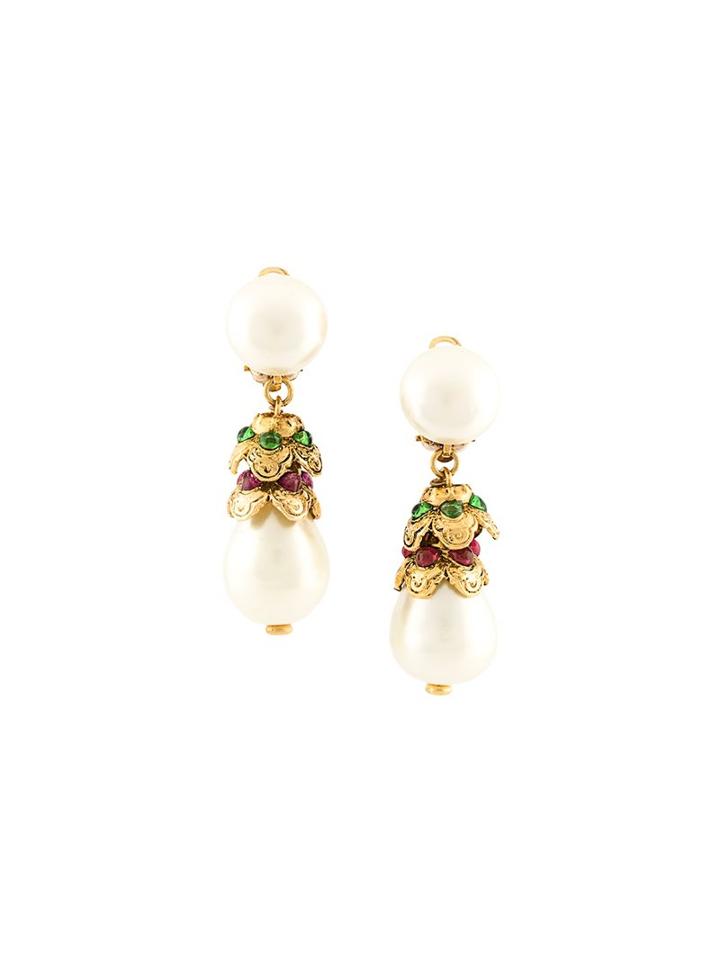 Pearl Drop Clip-on Earrings, Women's, White, Chanel Vintage