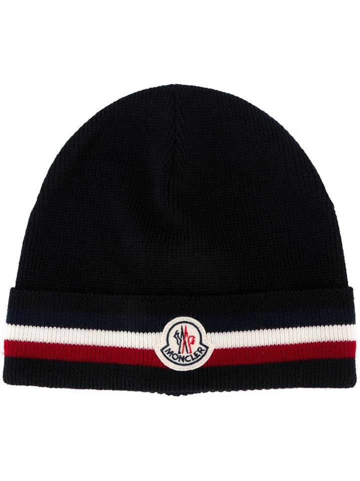 Moncler Tri-colour Trim Beanie, Men's, Blue, Virgin Wool
