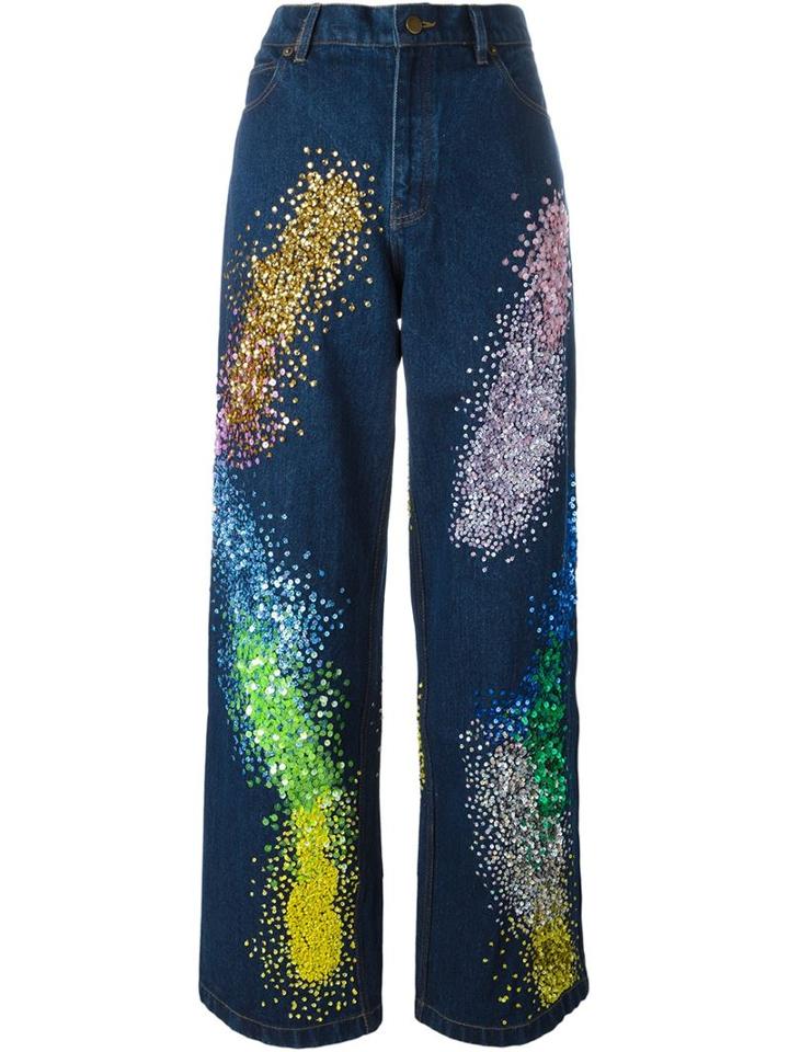 Ashish Sequinned Wide Leg Jeans, Women's, Size: Medium, Blue, Cotton