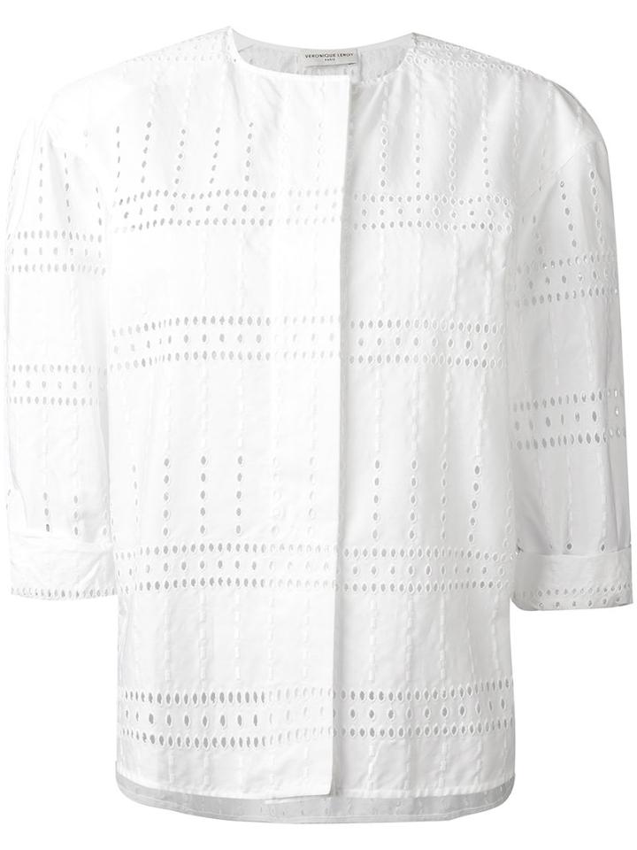 Veronique Leroy - English Embroidery Collarless Blouse - Women - Cotton - 40, White, Cotton