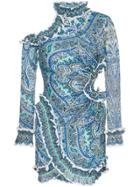 Zimmermann High-neck Long-sleeved Cut-out Detail Mini Dress - Blue