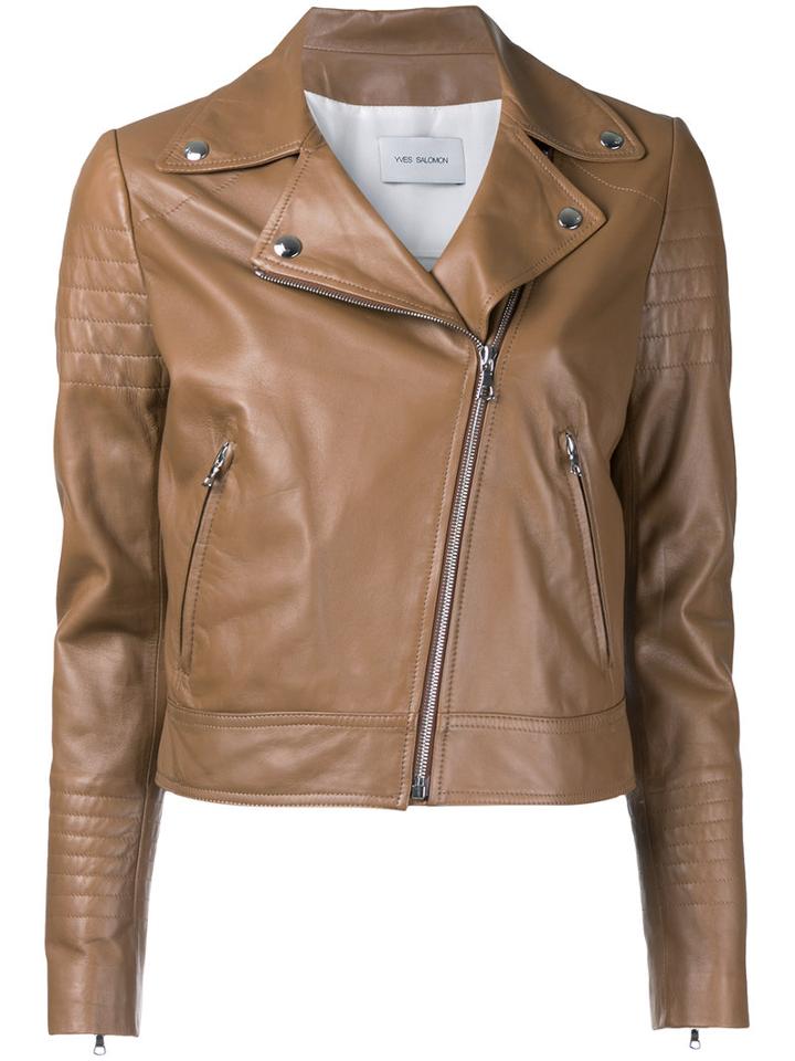 Yves Salomon - Classic Biker Jacket - Women - Silk/lamb Skin - 34, Brown, Silk/lamb Skin