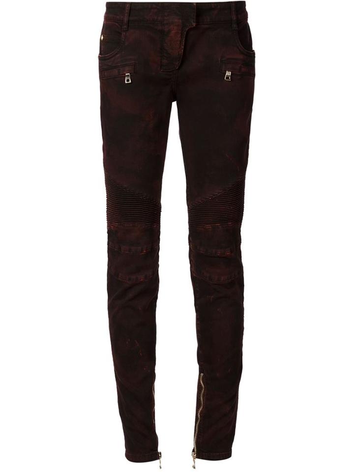 Balmain Biker Skinny Jeans, Women's, Size: 40, Red, Cotton