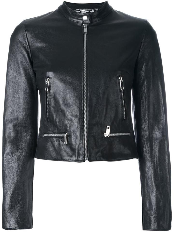 Dolce & Gabbana Cropped Leather Jacket, Women's, Size: 38, Black, Goat Skin/silk/polyester