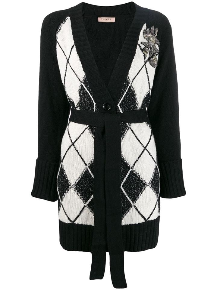 Twin-set Maxi Cardigan With Diamond Inlays - Black