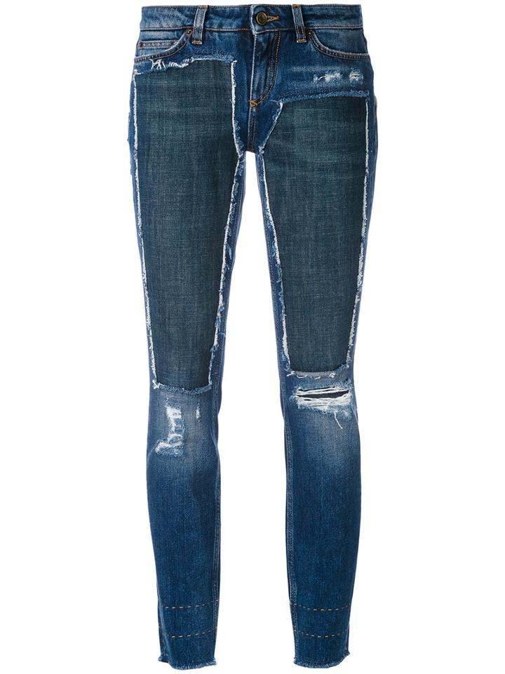 Dolce & Gabbana - Deconstructed Skinny Jeans - Women - Silk/cotton/calf Leather/glass - 38, Blue, Silk/cotton/calf Leather/glass