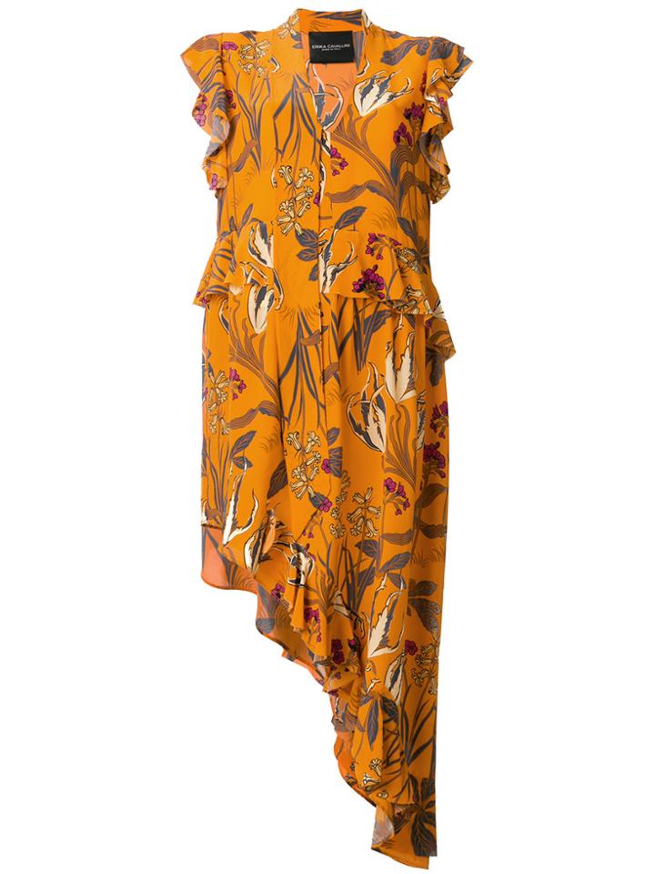 Erika Cavallini Draped Floral V-neck Dress - Yellow & Orange