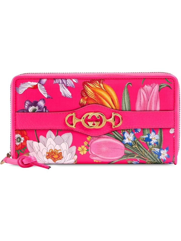 Gucci Flora Print Zip Around Wallet - Pink