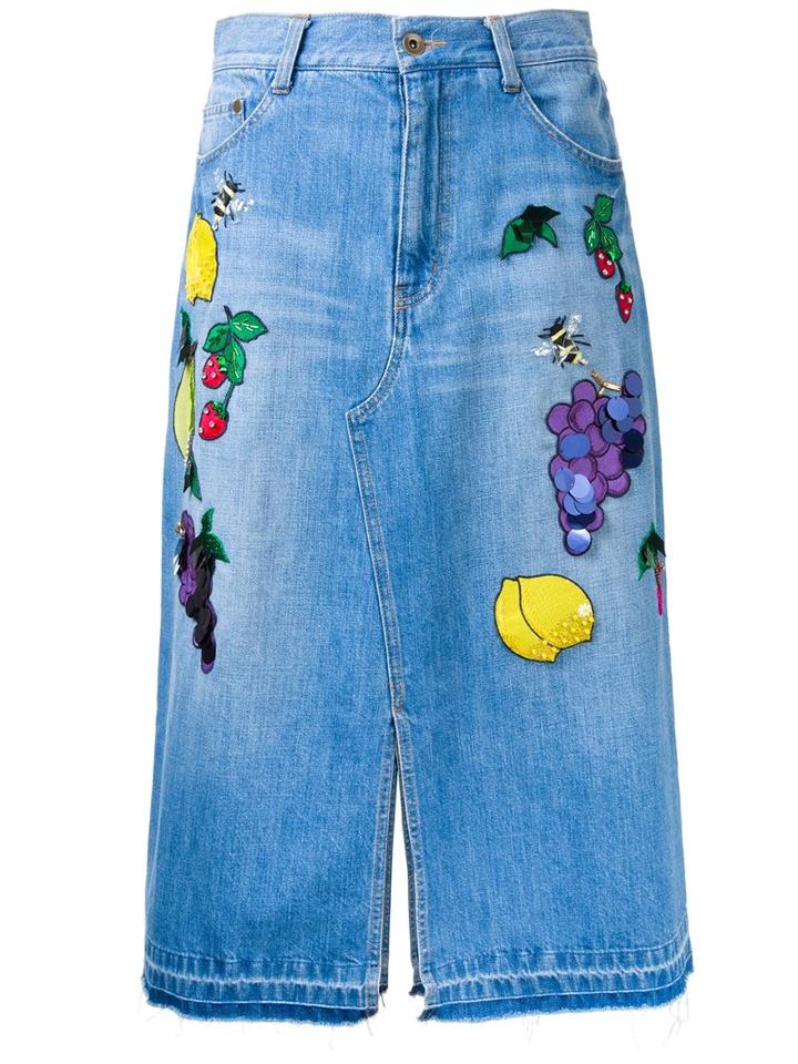 Muveil Patches Straight Skirt, Women's, Size: 38, Blue, Cotton