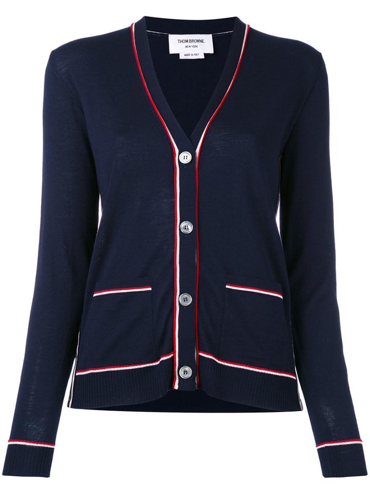 Thom Browne - Striped Trim Cardigan - Women - Wool - 42, Blue, Wool