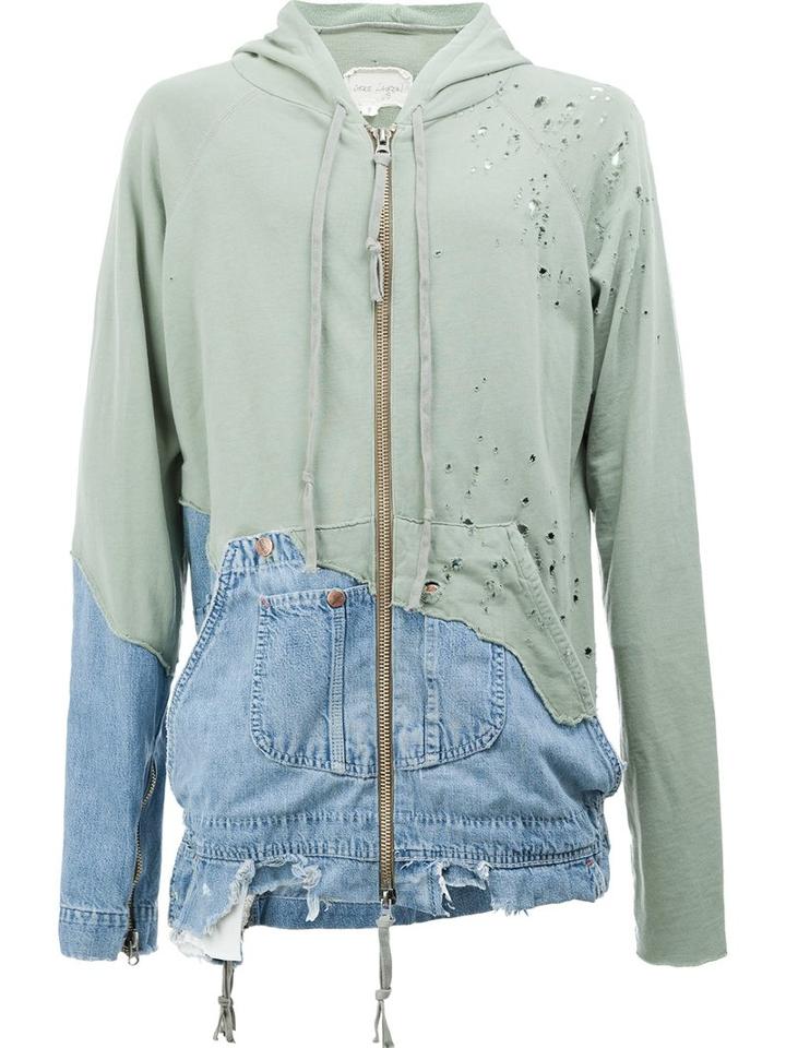 Greg Lauren Distressed Panelled Hoodie, Size: 1, Green, Cotton