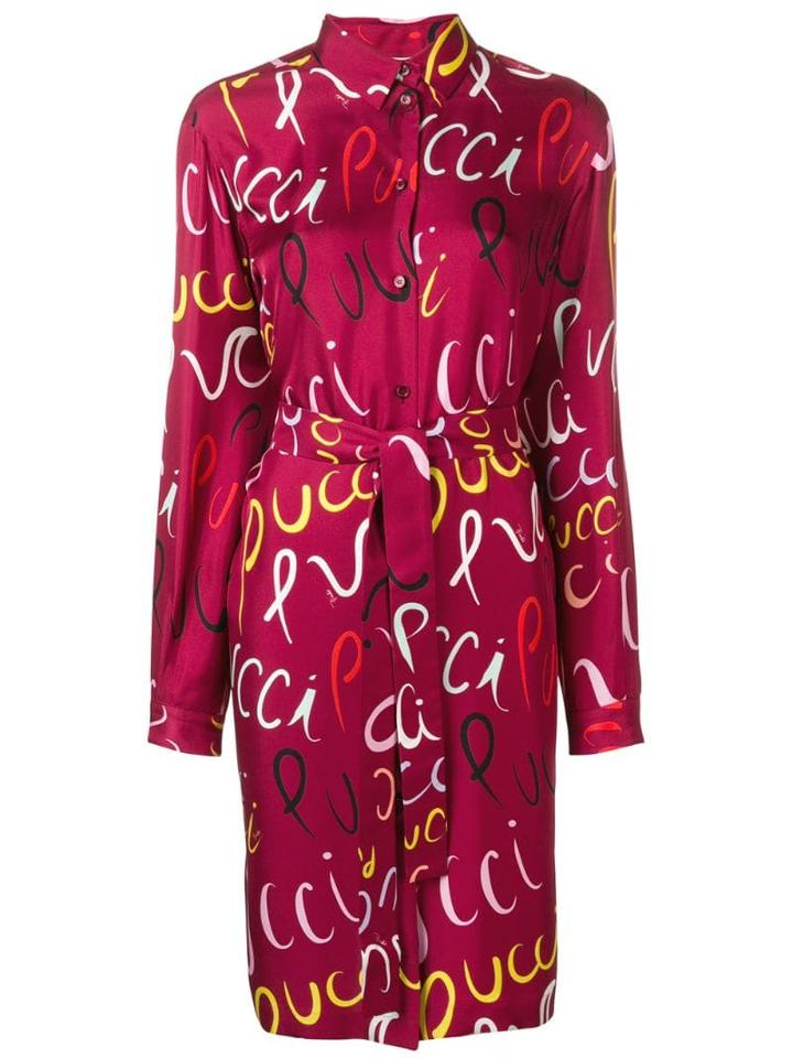 Emilio Pucci Pucci Logo Print Silk Belted Shirt Dress - Red
