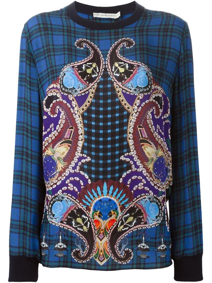 Mary Katrantzou Checked And Paisley Top, Women's, Size: 8, Blue, Silk/cashmere