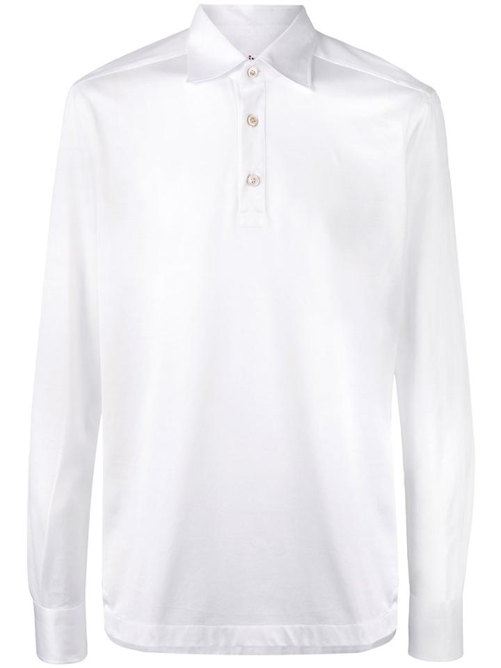 Kiton Emroidered Long Sleeve Polo Shirt, Men's, Size: Medium, White, Cotton