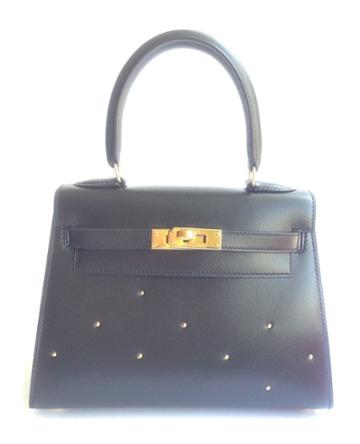Hermès Vintage Kelly 20 Cm Black Box With Studs With Gold. Stamp: X