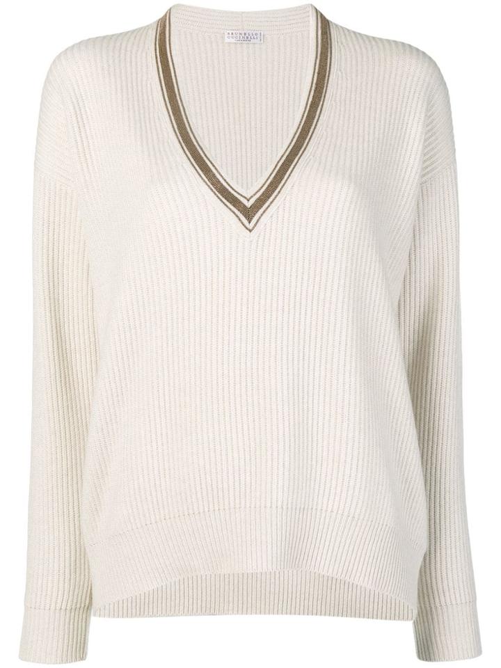 Brunello Cucinelli V-neck Ribbed Knit Sweater - White