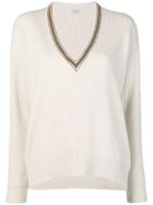 Brunello Cucinelli V-neck Ribbed Knit Sweater - White