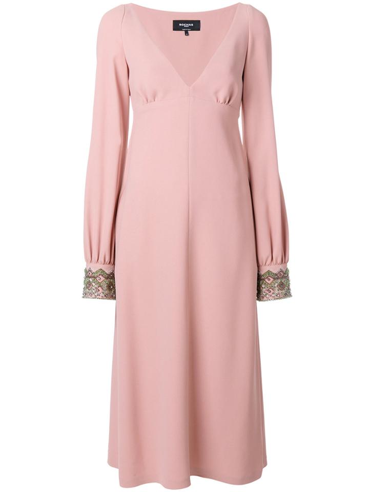 Rochas Embellished Cuff V Neck Dress - Pink & Purple