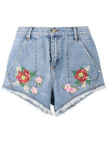 House Of Holland House Of Holland X Lee Flower Embroidered Denim Shorts, Women's, Size: 28, Blue, Cotton/polyester