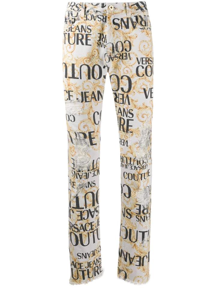 Versace Baroque Logo Distressed Jeans - White