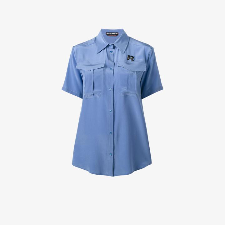 Rochas Short Sleeve Military Shirt, Women's, Size: 40, Blue, Silk