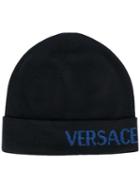 Versace Side Logo Beanie, Men's, Blue, Wool/silk