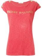Pierre Balmain Studded Trim Logo Print T-shirt, Women's, Size: 38, Red, Cotton