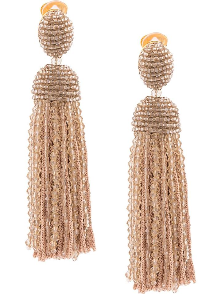 Oscar De La Renta Beaded Tassel Clip-on Earrings - Neutrals