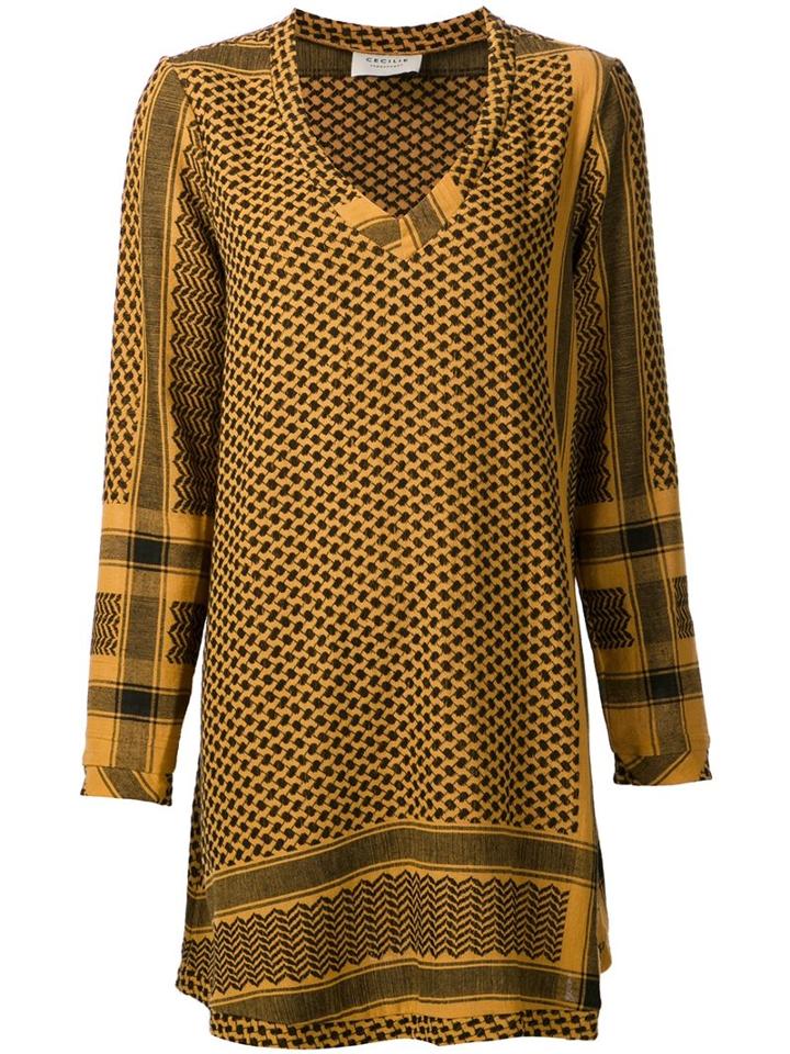 Cecilie Copenhagen V-neck Longsleeved T-shirt Dress, Women's, Yellow/orange, Cotton