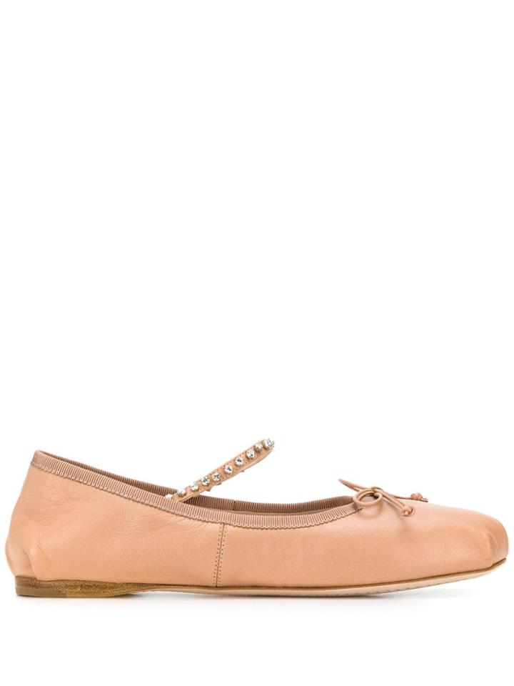 Miu Miu Crystal Embellished Leather Ballerinas - Pink