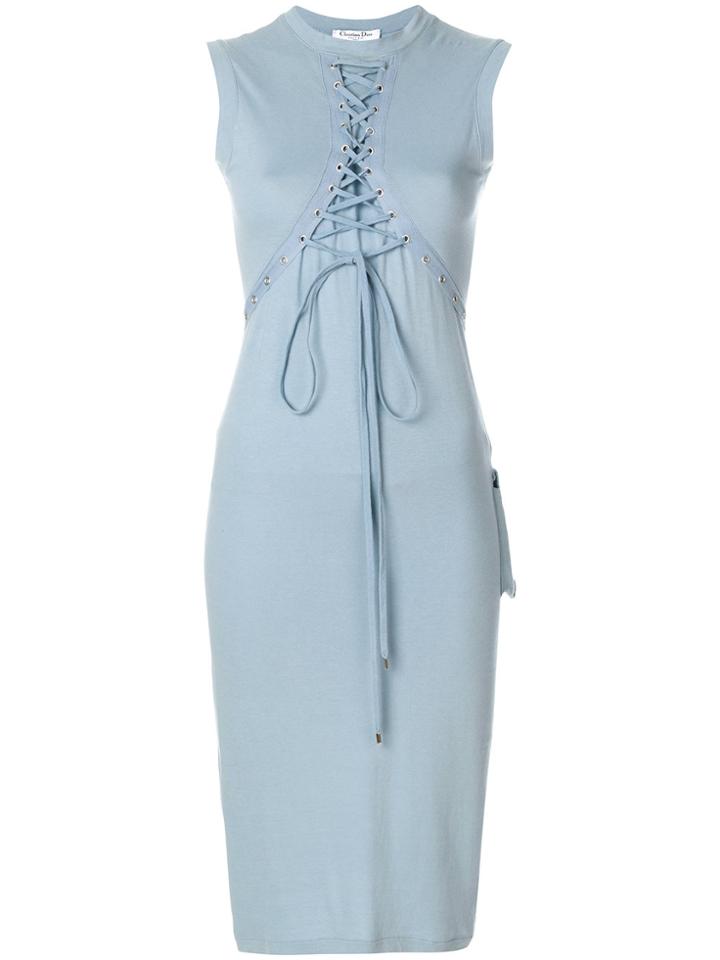 Christian Dior Vintage Lace-up Sleeveless Fitted Dress - Blue