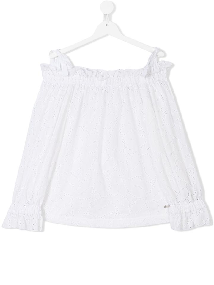 Msgm Kids Embroidered Off Shoulder Top - White
