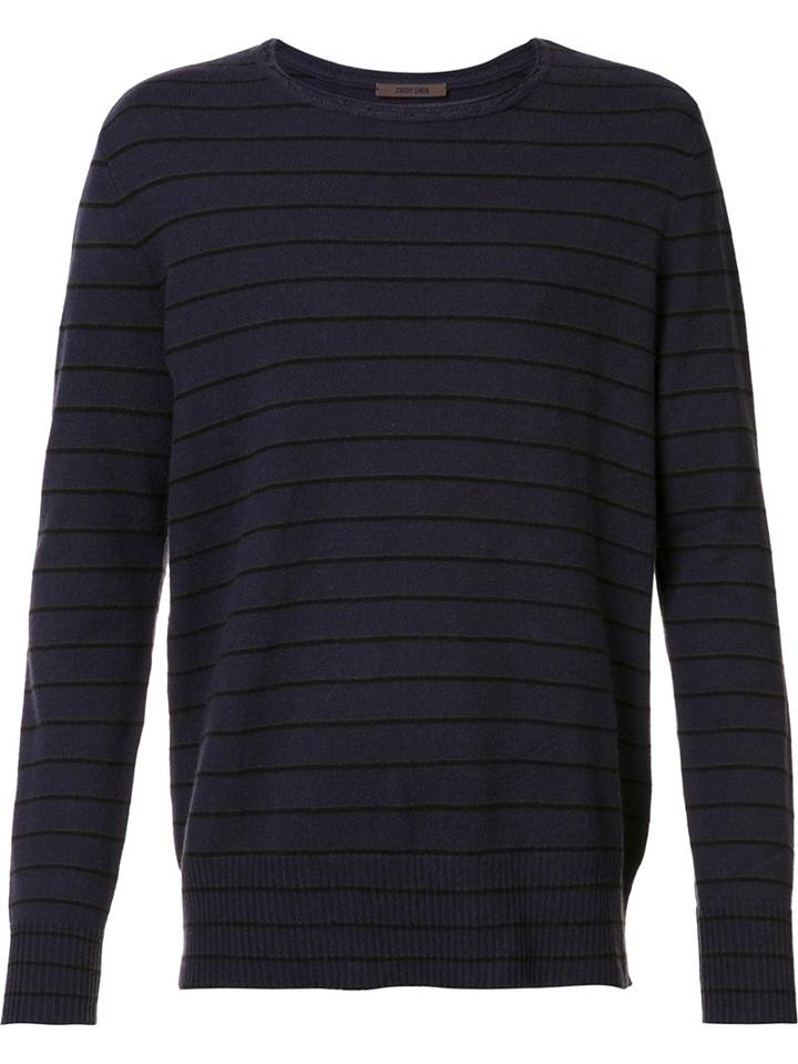 Ziggy Chen Fine Stripe Jumper, Men's, Size: 46, Blue, Cashmere