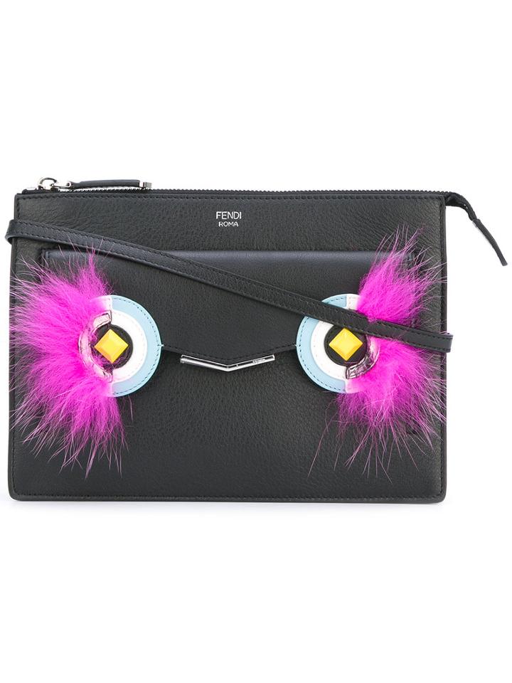 Fendi - '2jours' Embellished Clutch - Women - Calf Leather/fox Fur - One Size, Black, Calf Leather/fox Fur
