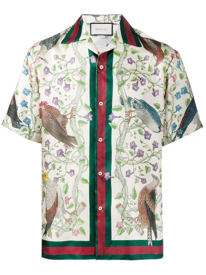 Gucci Birds Of Prey Print Bowling Shirt, Men's, Size: 46, Nude/neutrals, Silk