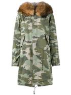 Mr & Mrs Italy Raccoon Fur Trimmed Camouflage Parka - Green