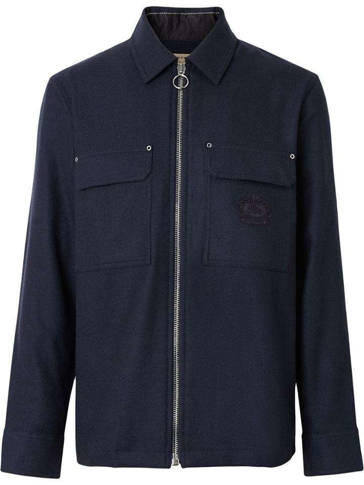Burberry Embroidered Crest Wool Overshirt - Blue