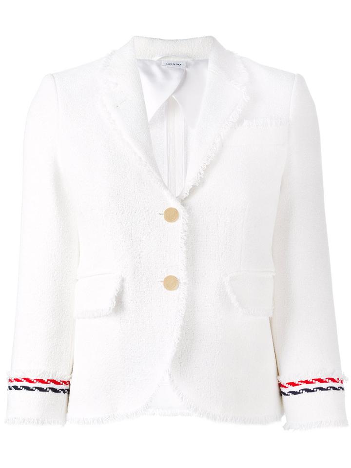 Thom Browne - Frayed Trim Blazer - Women - Silk/cotton - 44, White, Silk/cotton