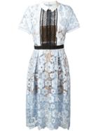 Self-portrait Flower Garden Guipure Sleeve Midi Dress, Women's, Size: 8, Blue, Cotton/polyester/spandex/elastane