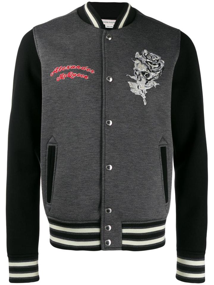Alexander Mcqueen Floral Skull Embroidered Bomber Jacket - Grey